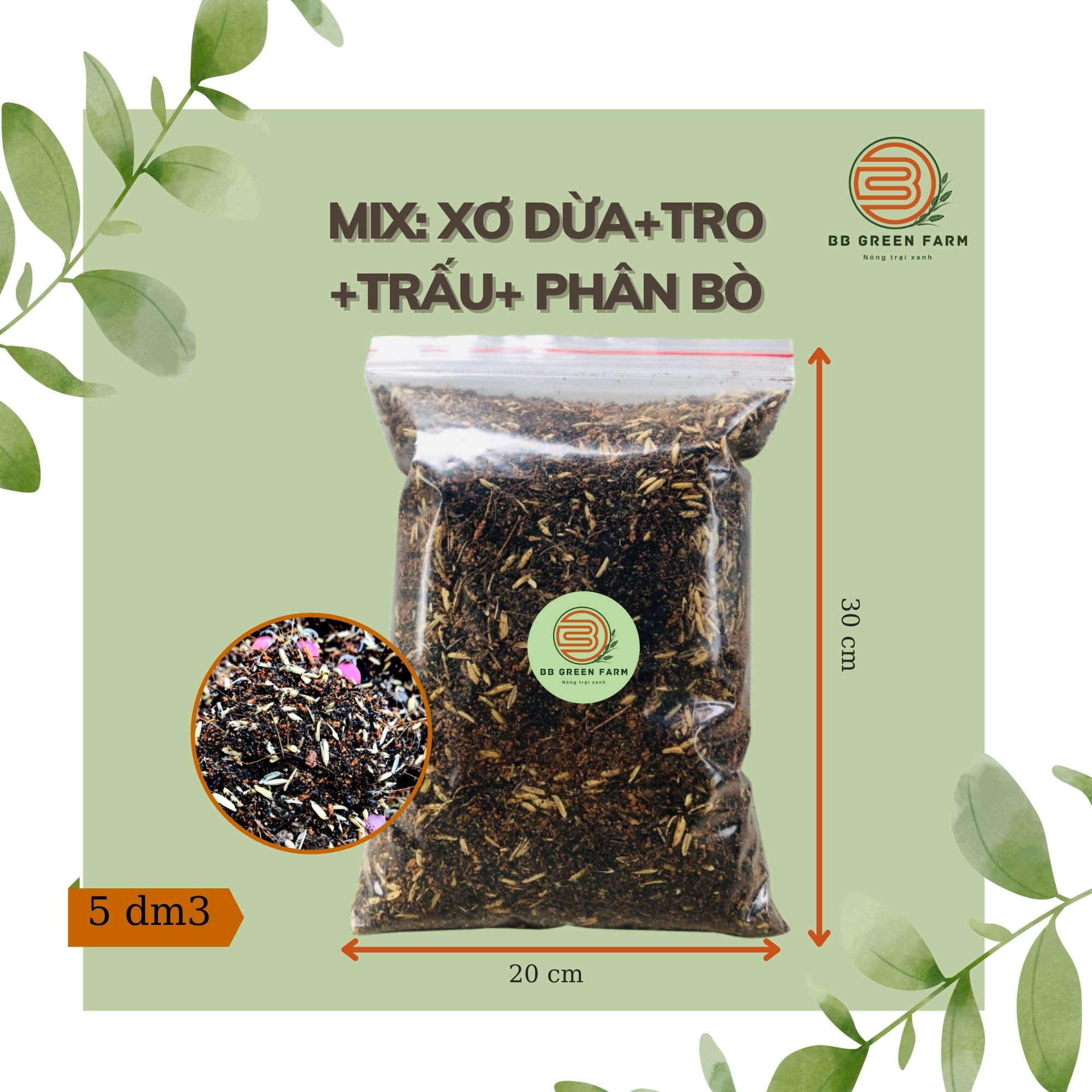 Phân trộn sẵn (xơ dừa, tro, trấu, phân bò)- BB GREEN FARM (5dm3).