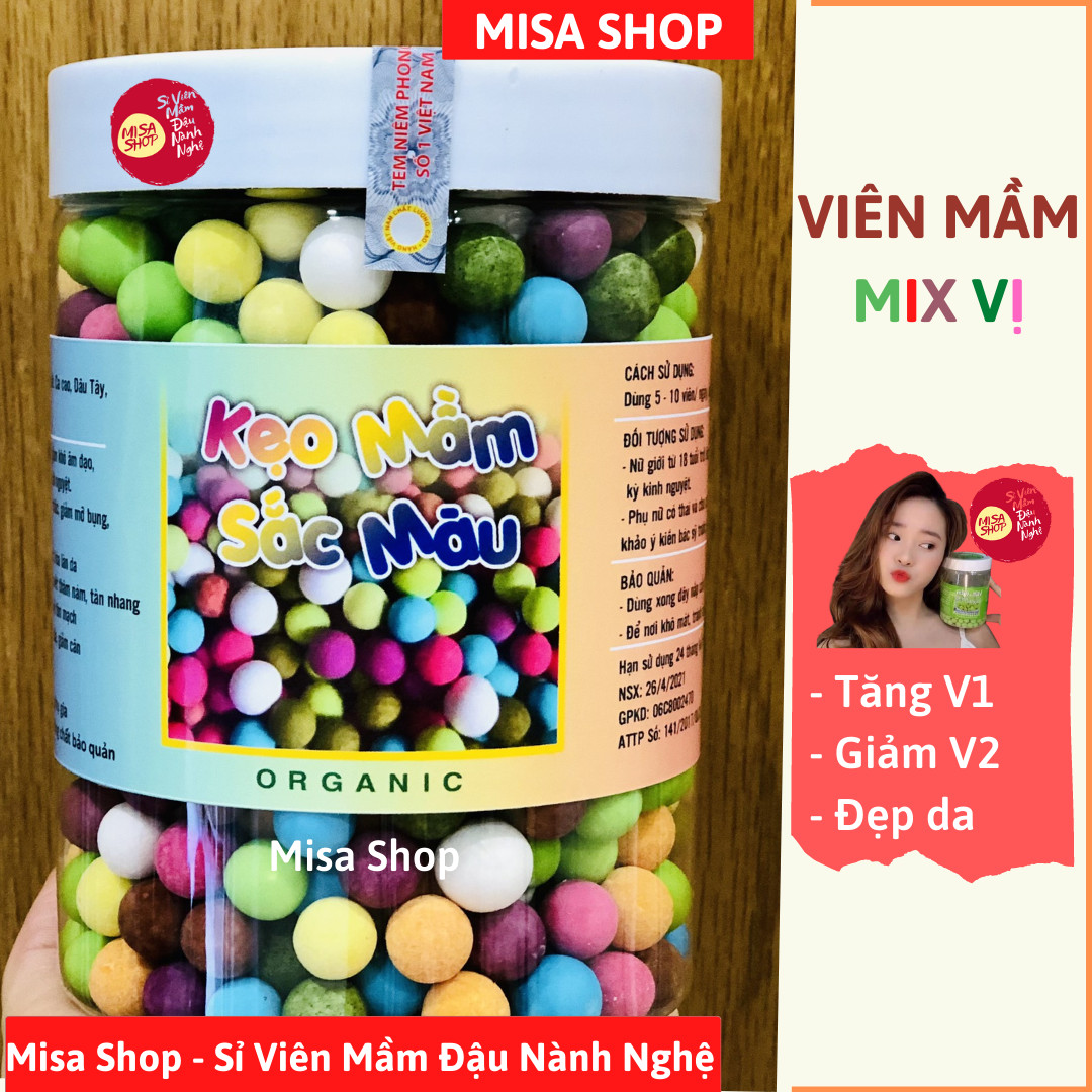 [MIỄN SHIP] Hộp 500gr Viên mầm mix vị mầm đậu nành nguyên xơ, matcha, sữa, collagen, dâu tây, việt quất, khoai môn, cacao, tảo, nghệ - Viên kẹo mầm mix vị