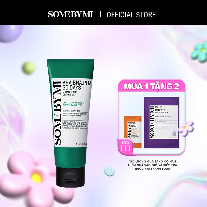 [QT 1 kcn v10 1.5g + 1 retinol mask] Sữa rửa mặt  tràm trà hỗ trợ cải thiện mụn Some By Mi AHA BHA PHA 30 Days Miracle Acne Clear Foam 100ml cho da dầu mụn nhạy cảm