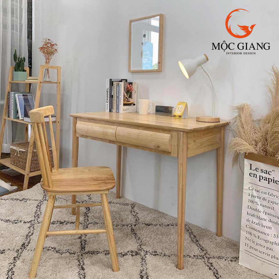 Bàn làm việc gỗ cao su hàng cao cấp - chân tròn mặt ngăn kéo bo cong