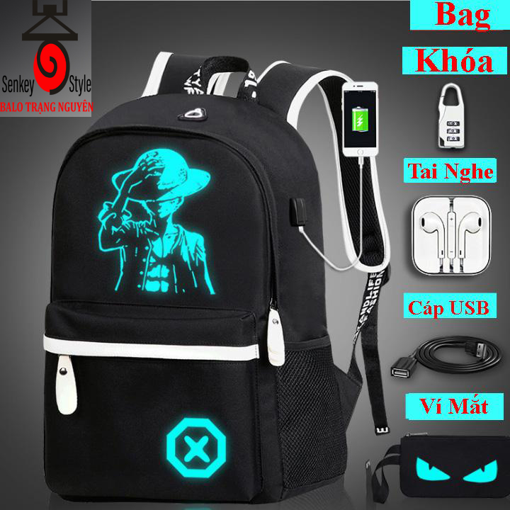 Bộ Ba lô Phát Sáng Hình Lufy  (Tặng Ví + Cáp Sạc Usb + Tai Nghe + Khóa Số Chống Trộm)