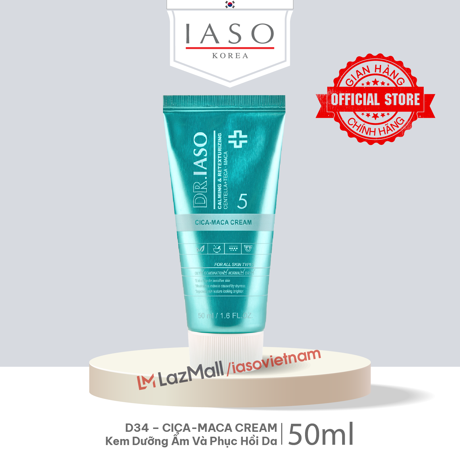 D34 kem dưỡng ẩm và phục hồi da - cica maca cream 50ml - dr iaso