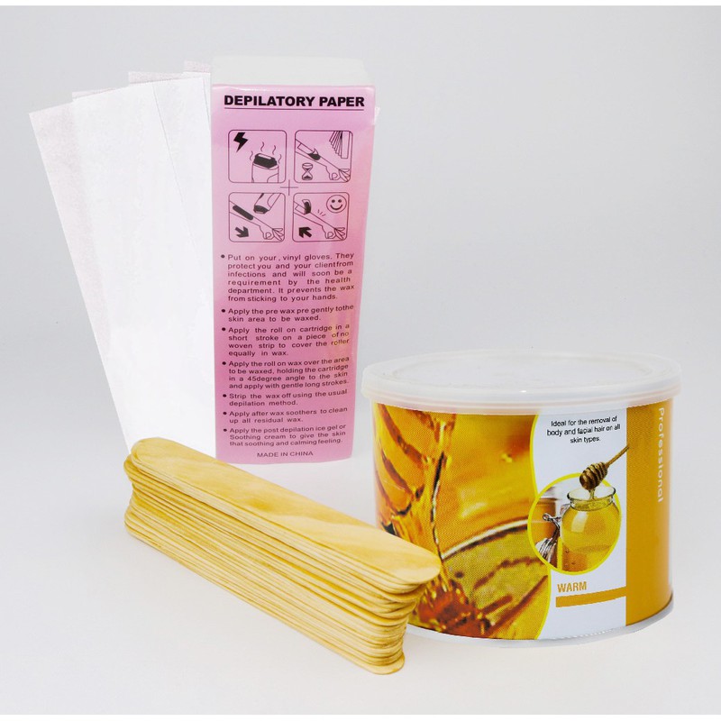 Combo wax lông sáp lon mật ong + 25 que trét sáp wax + 100 tờ giấy wax lông