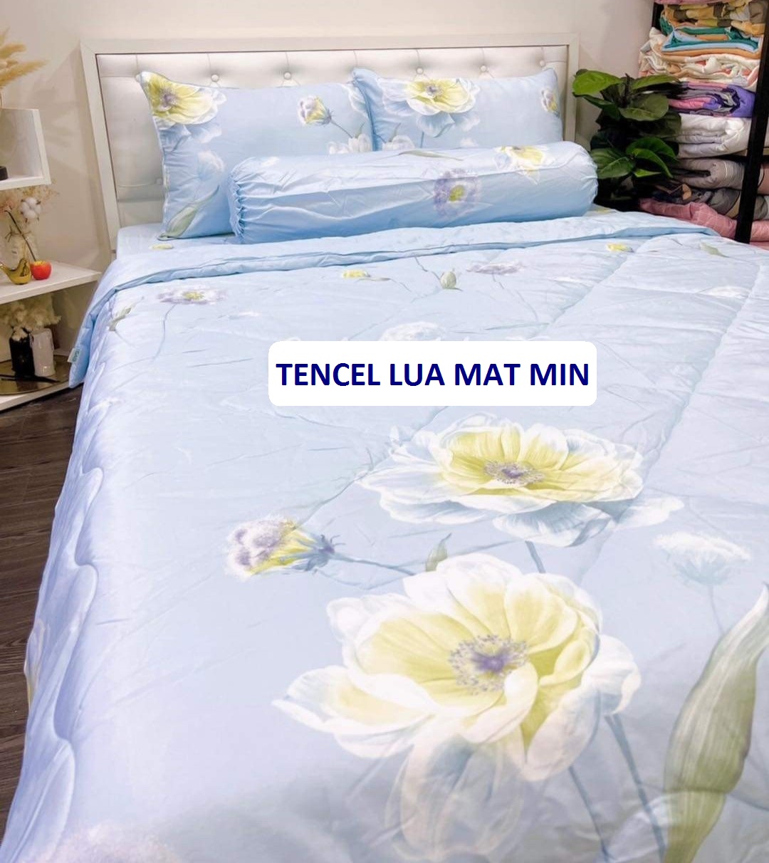 Cốc cốcc - Trọn bộ chăn ga gối lụa tencel mát mịn, ga trải giường tencel cao cấp mềm mướt không phai màu không xù, mềm có chần bông trọn bộ