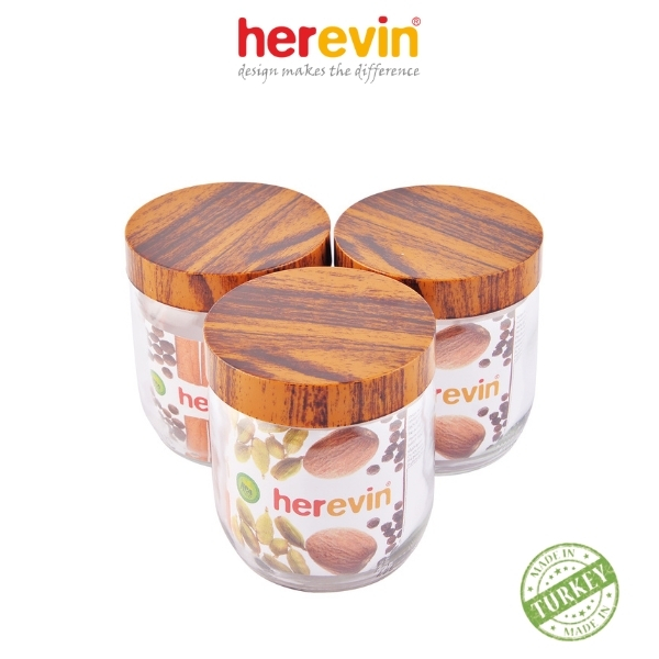Bộ 3 Hũ Thủy Tinh Herevin Tròn Trơn Nắp Woody 425ml - HEHU231357-205