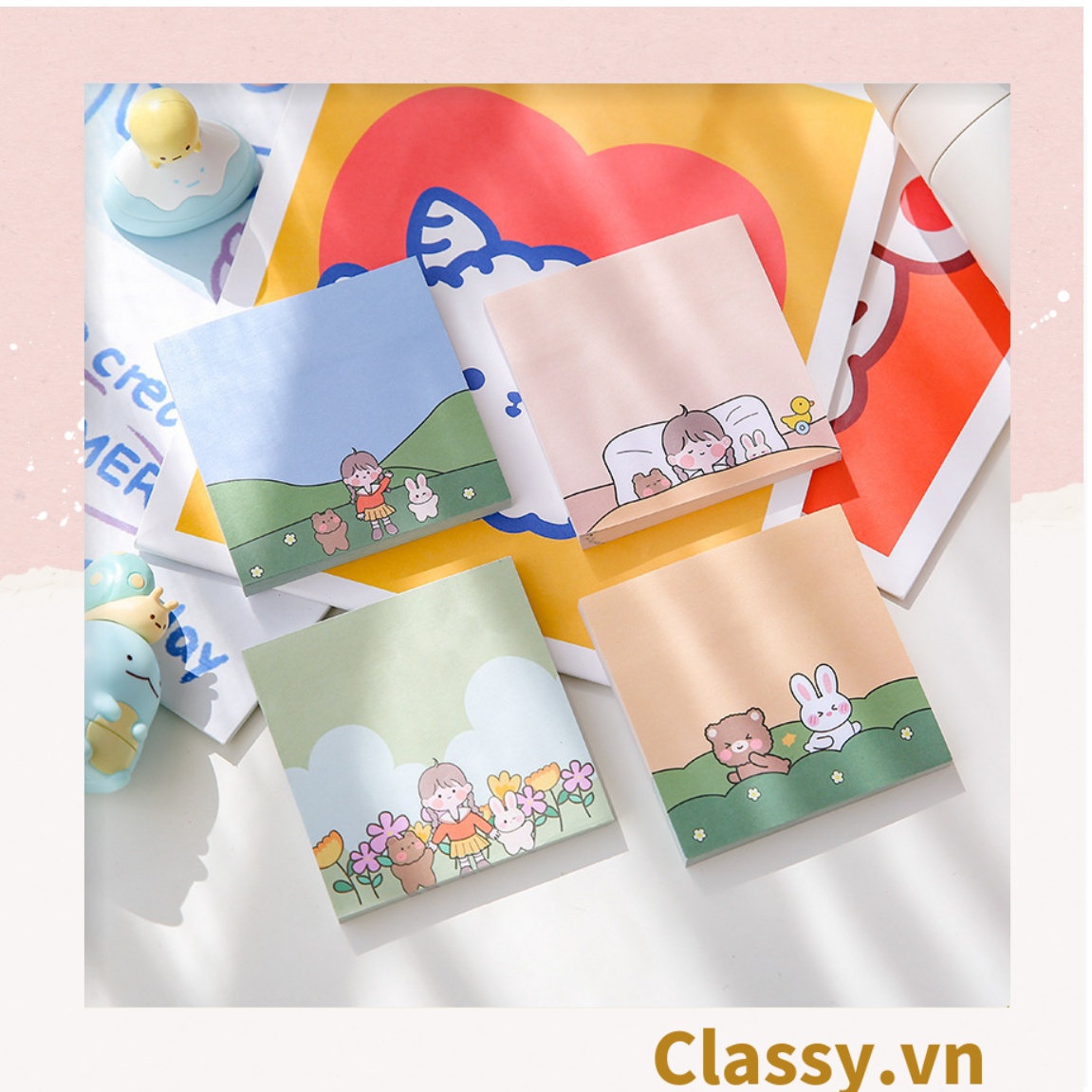 Classy PK726 Tệp 50 tờ Giấy note ghi nhớ màu pastel dễ thương in hình hoạt hình; tiện dụng; kích thước 80X 80 Cm