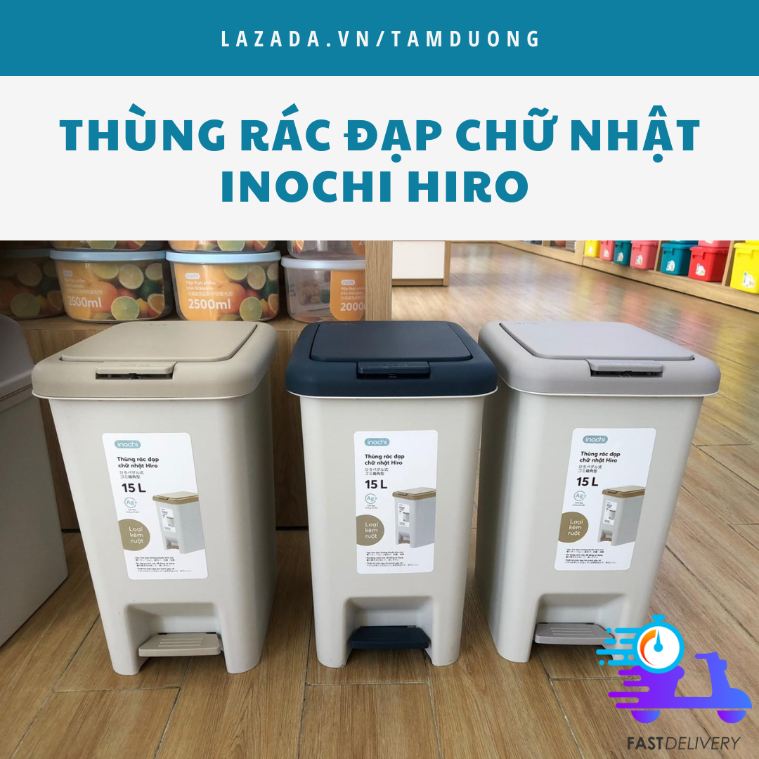 Thùng rác đạp chữ nhật cao cấp Inochi Hiro (kèm ruột, có phân tử Ion Ag+ kháng khuẩn, khử mùi) [HCM-Giao hoả tốc 2h]