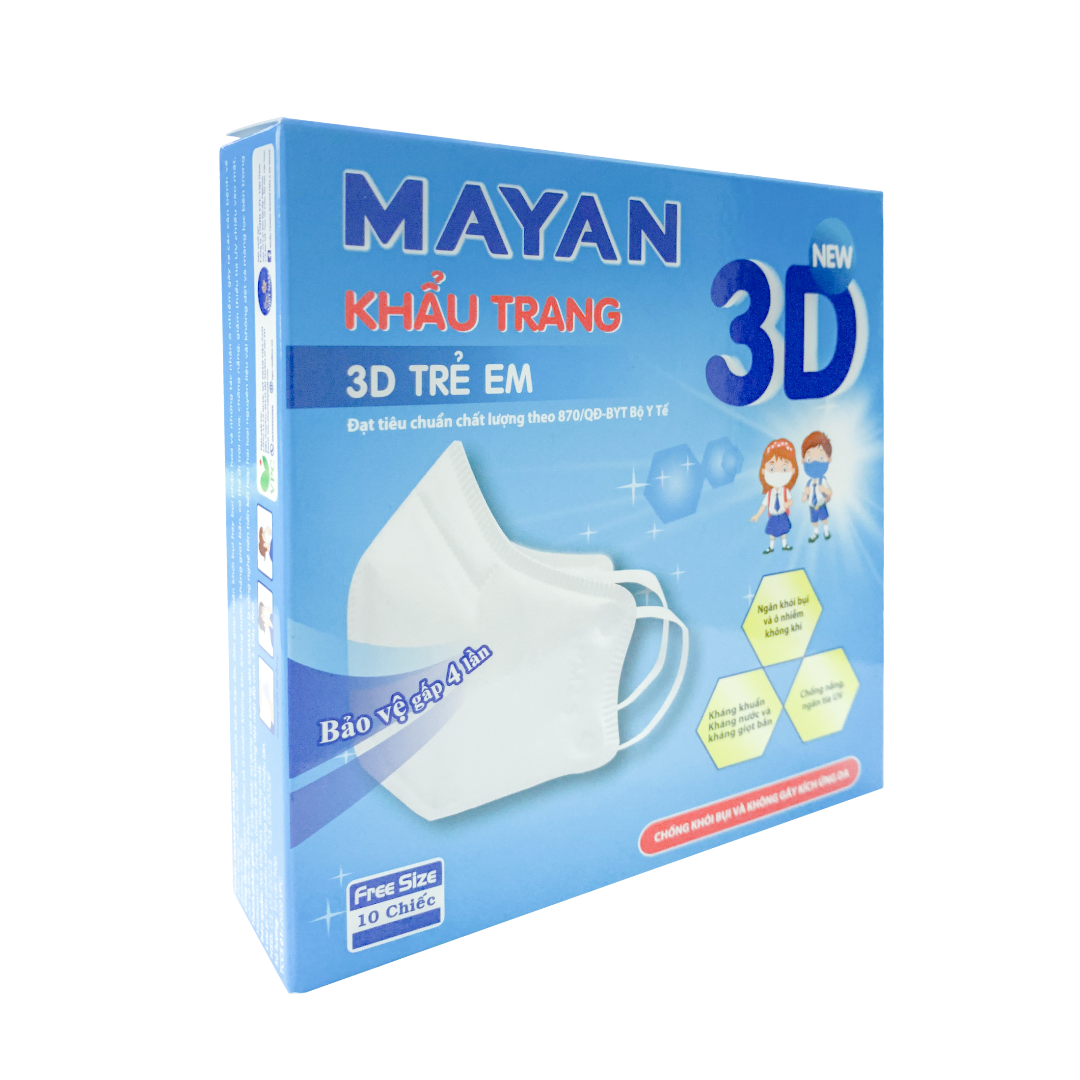 Hộp 10 Miếng Khẩu Trang Mayan 3D Mask Chống Bụi PM 2.5 Size Trẻ Em (Loại 5 lớp Vải không dệt SSMMS)