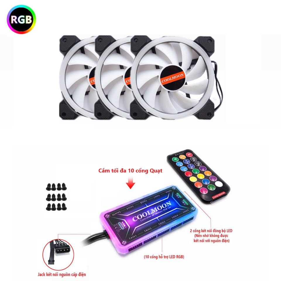 Bộ kit 3 fan led rgb v2 coolmoon - có hub rgb