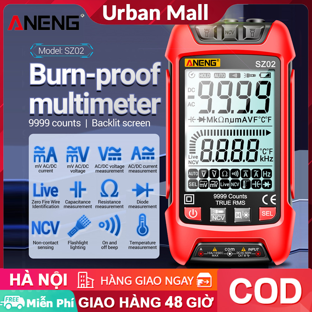 Aneng đồng hồ vạn năng kỹ thuật số phạm vi tự động sz01 sz02 vôn kế ac dc 9999 số đếm ampe máy kiểm tra bóng bán dẫn nhiệt độ điện dung điện trở ncv