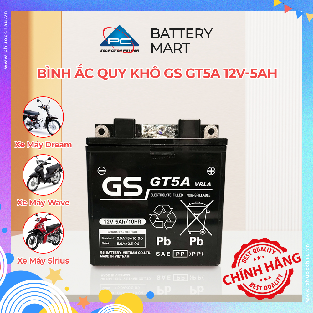 Bình ắc quy khô GS GT5A 12V-5Ah cho xe Dream Đời Đầu, Wave Đời Đầu, Future Đời Đầu, Sirius Xăng Cơ, 