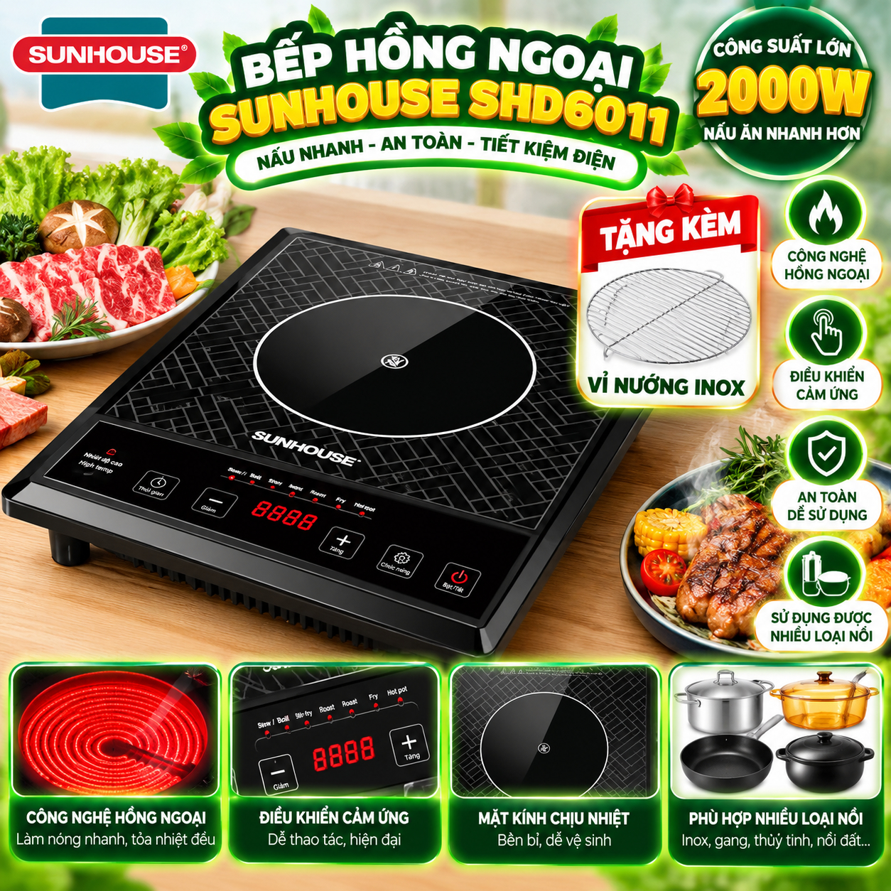[Tặng Vỉ Nướng] Bếp Hồng Ngoại SUNHOUSE SHD6011 2000W, Bếp Điện Cảm Ứng Dùng Được Nhiều Loại Nồi
