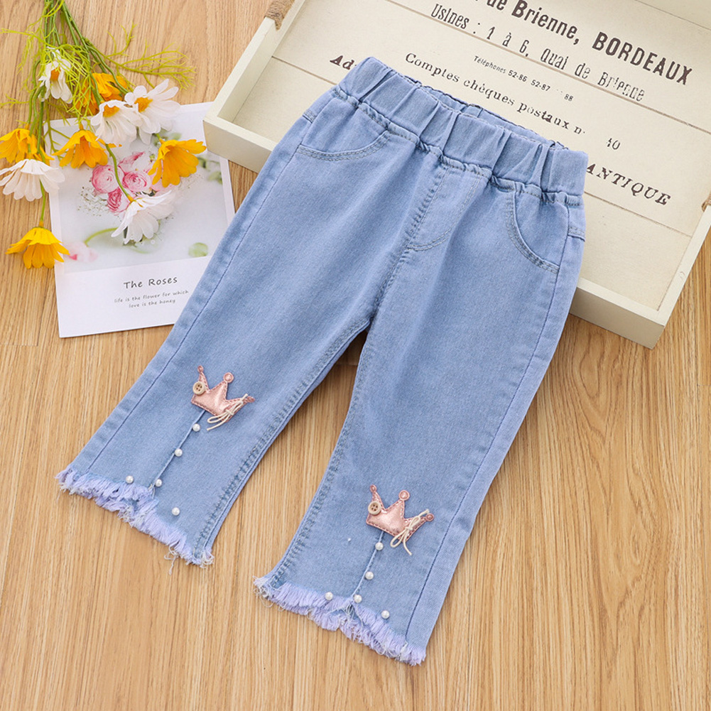 CUIXI Children Cotton Jeans Summer Thin Middle Waist Pants Casual Loose Cropped Pants For 2-8 Years Old Girls