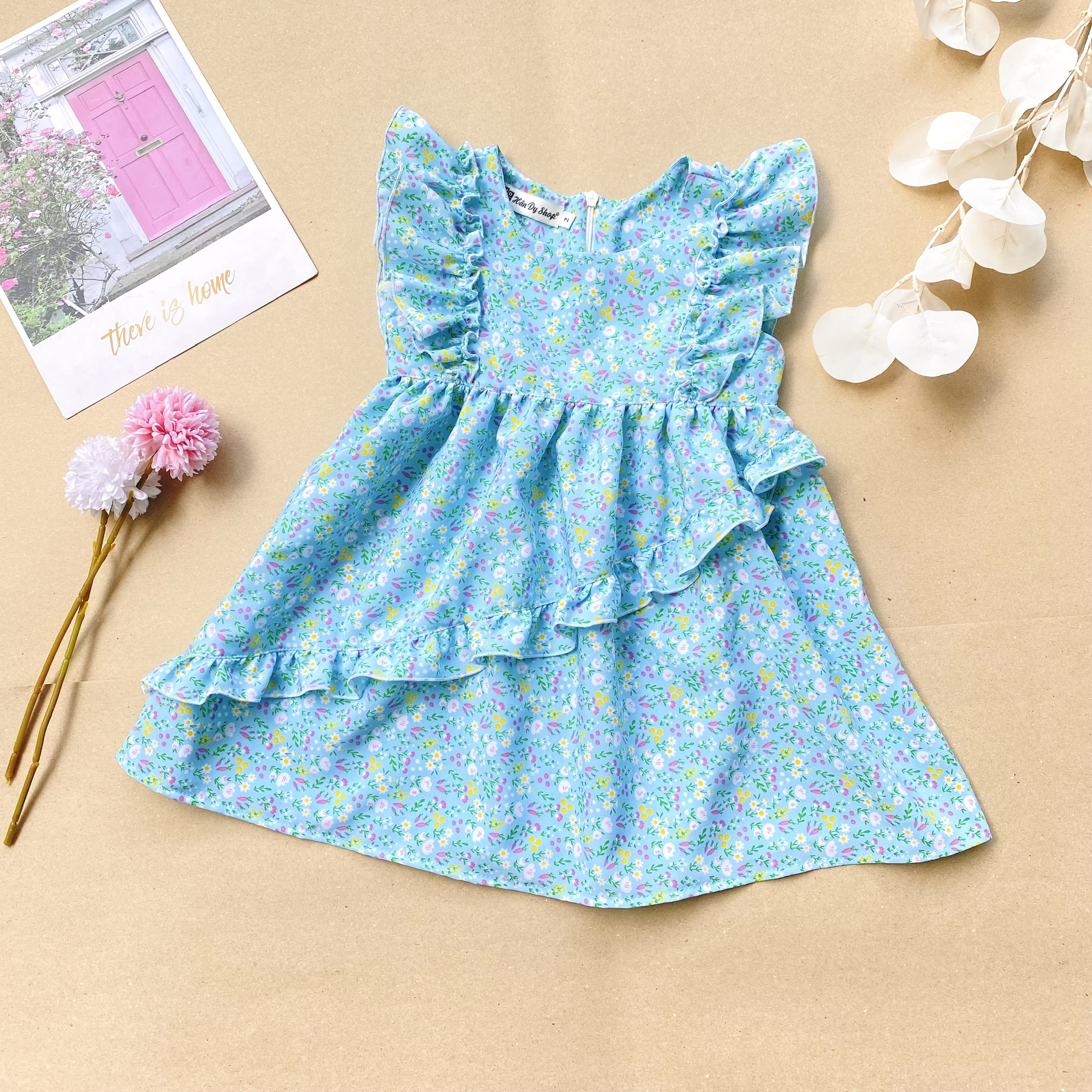 Đầm xanh hoạ tiết hoa nhí cổ tròn dễ thương HANDYKIDS