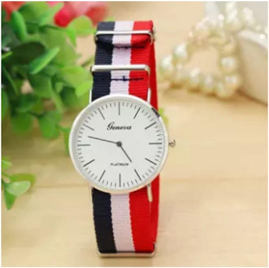 Đồng hồ nam dây vải 3 sọc trắng-đỏ-xanh