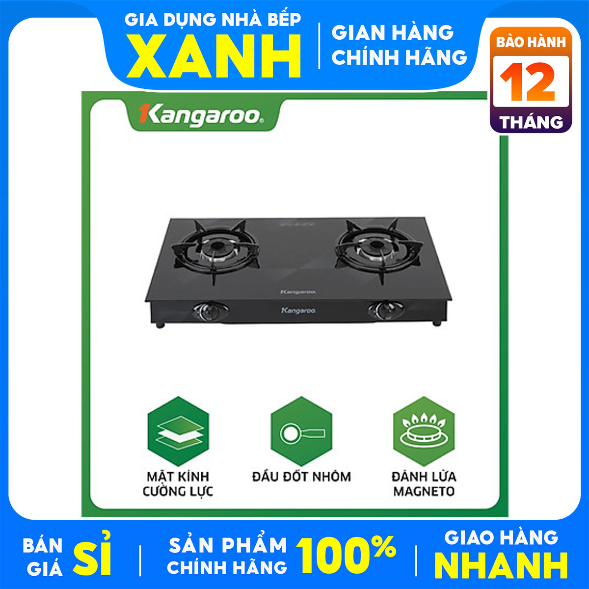 Bếp gas đôi Kangaroo KG8G1A chính hãng- Bền bỉ với hệ thống đánh lửa Magneto bằng núm xoay., Mặt kính cường lực sáng bóng dễ vệ sinh.