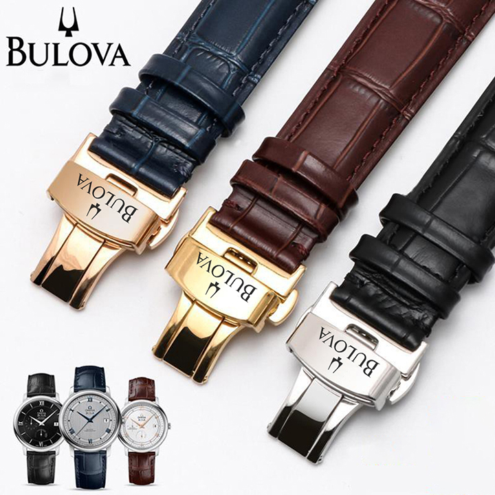 Dây đeo cho đồng hồ Bulova, da bò dập vân cá sấu, chống hút mồ hôi, khoá 2 nút bấm khắc logo theo yêu cầu - D1712