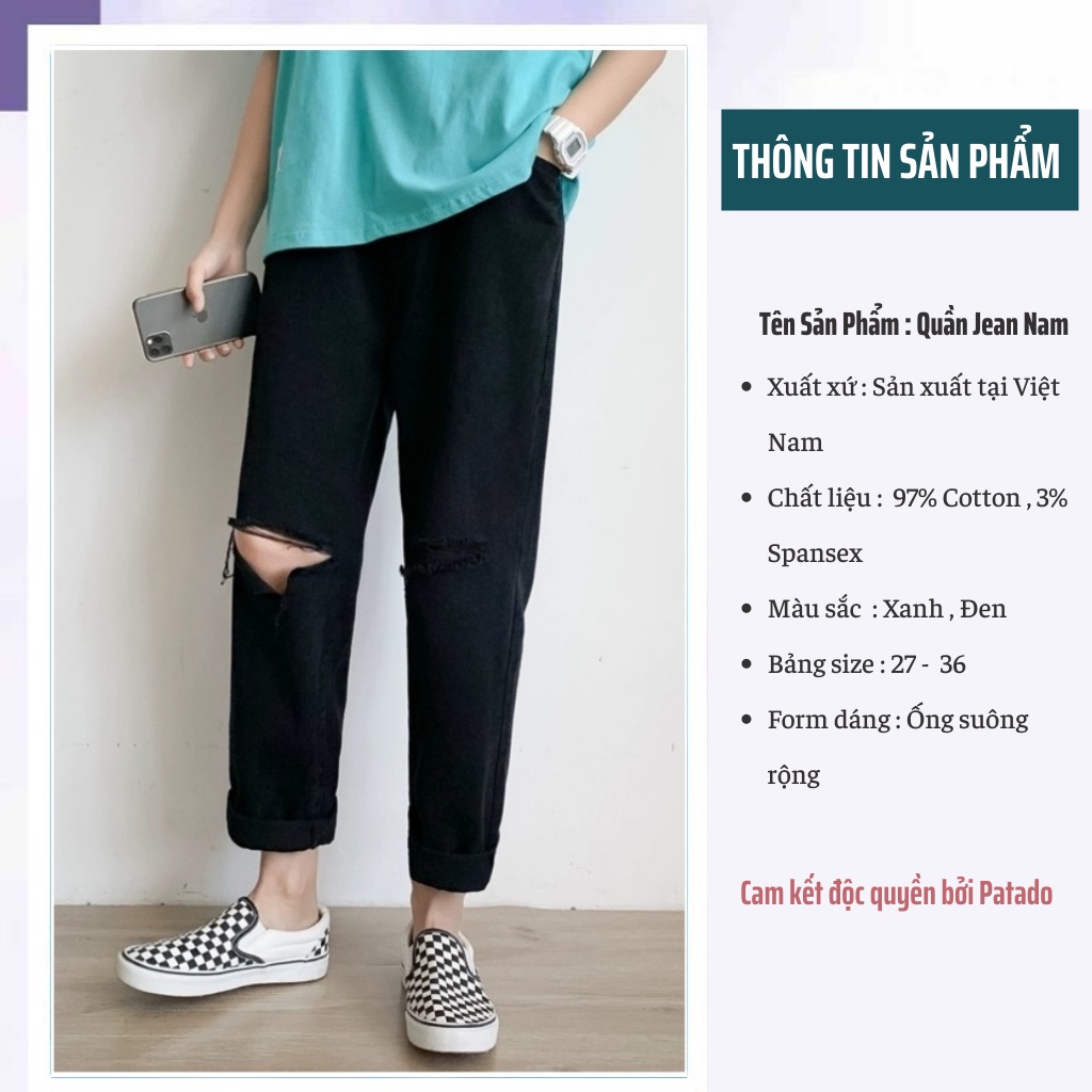 Quần jean nam rách gối dáng baggy ống suông rộng vải jeans cao cấp
