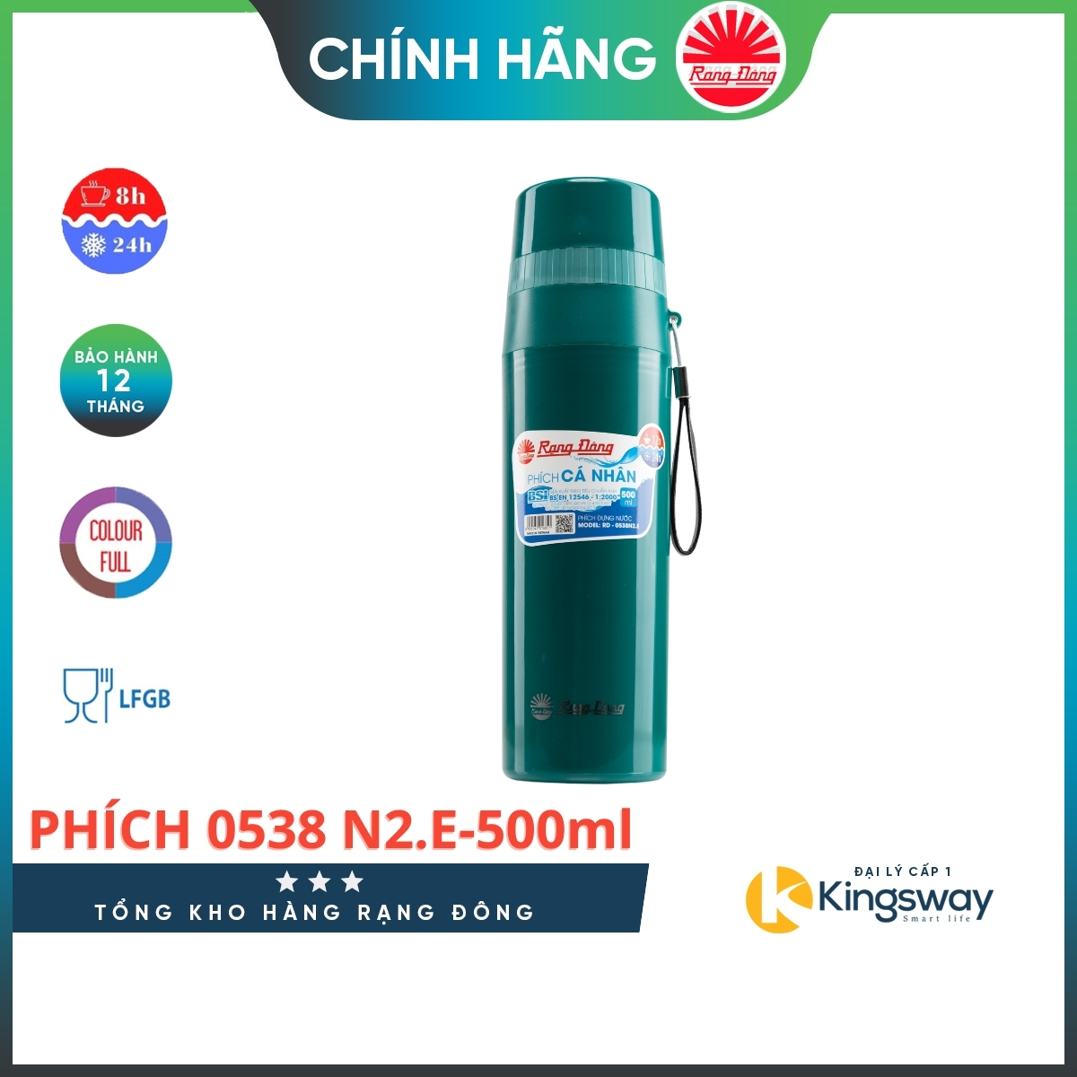 Phích cá nhân rạng đông rd 0538 n2.e dung tích 500 ml, phích giữ nhiệt nóng lạnh, thân nhựa pp an toàn