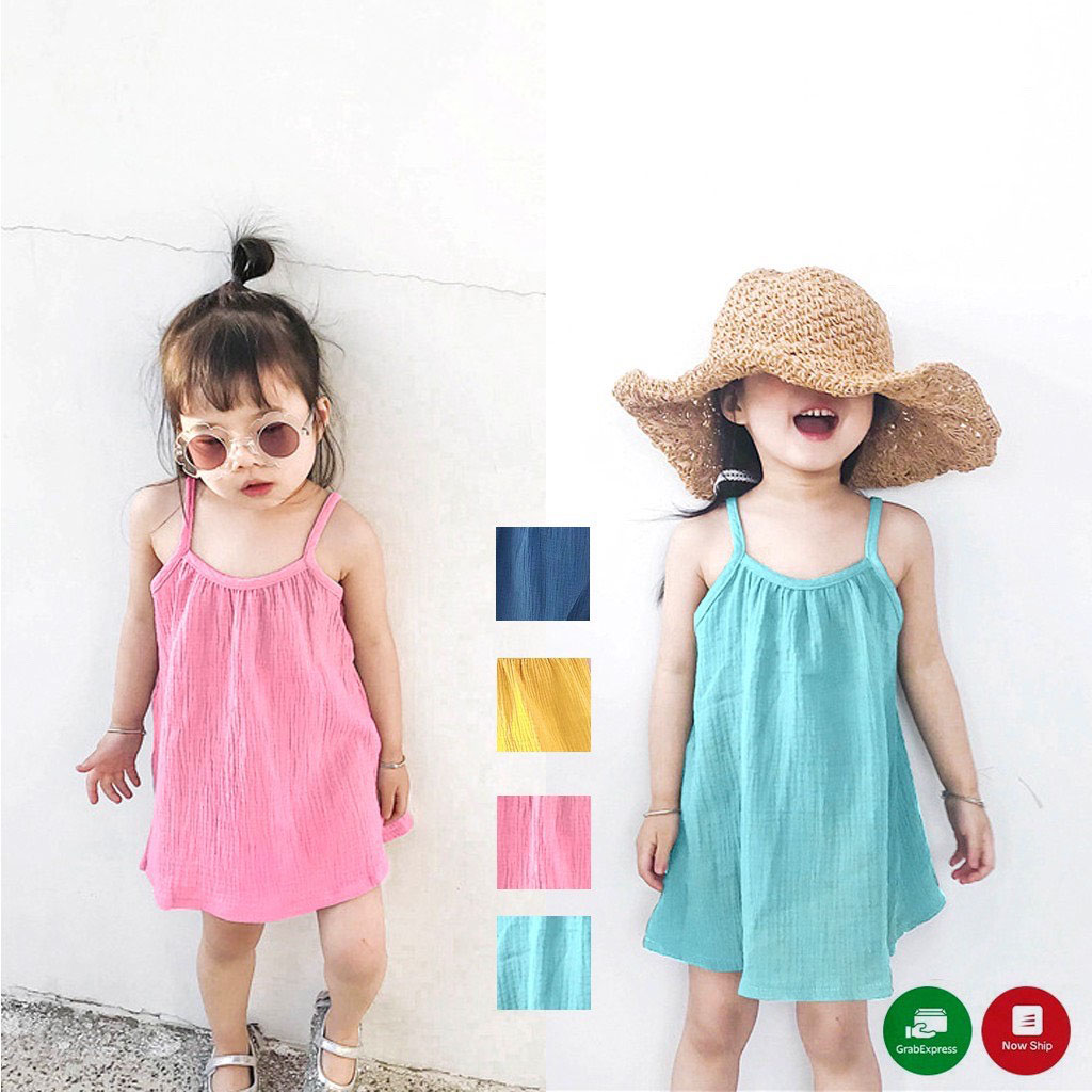 Váy 2 Dây Cho Bé Gái Màu Hồng Chất Đũi Hai Dây Mát Lạnh Mùa Hè Cho Bé