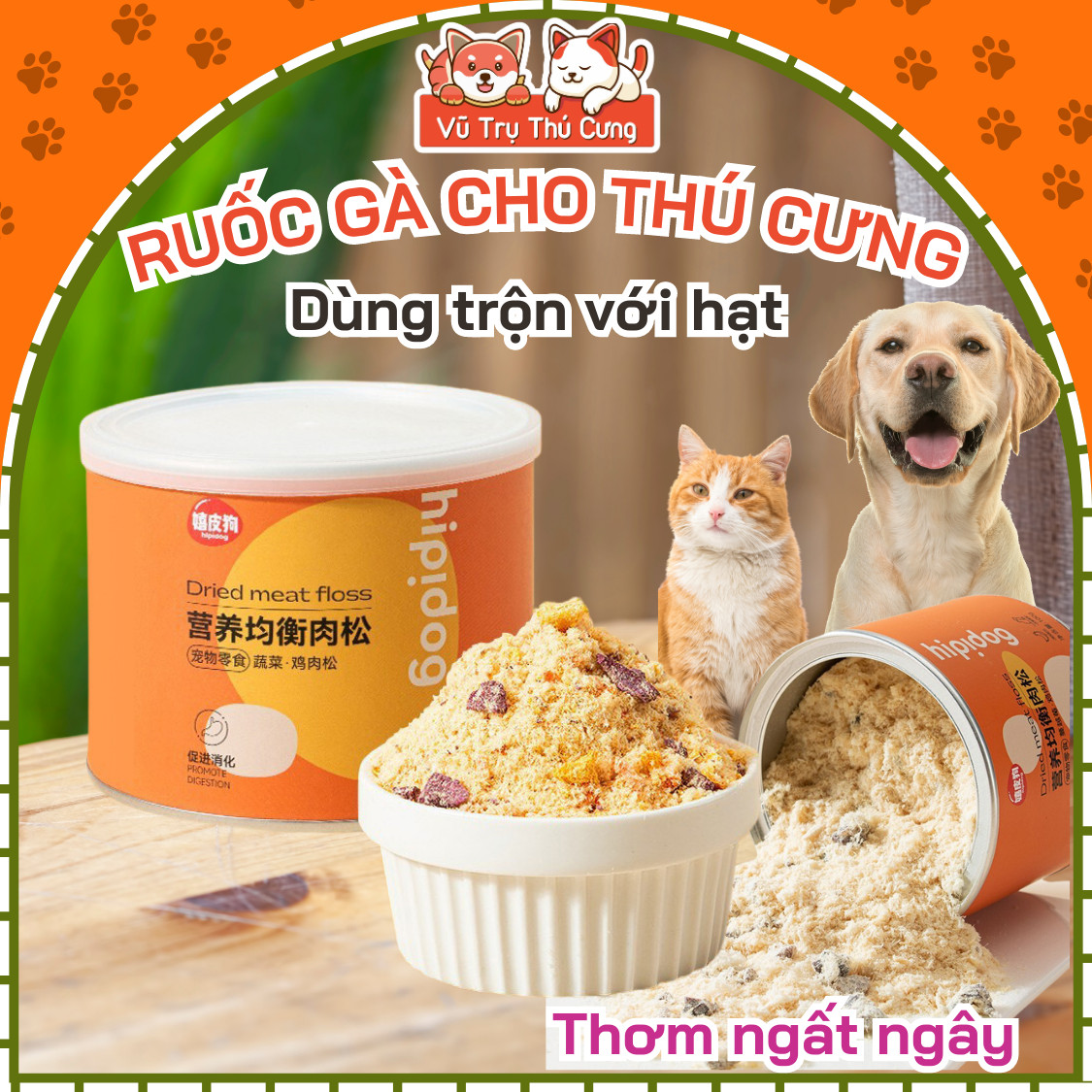 Ruốc chà bông gà Hipidog cho Chó Mèo - Trộn Hạt, Pate giúp thú cưng ăn ngon
