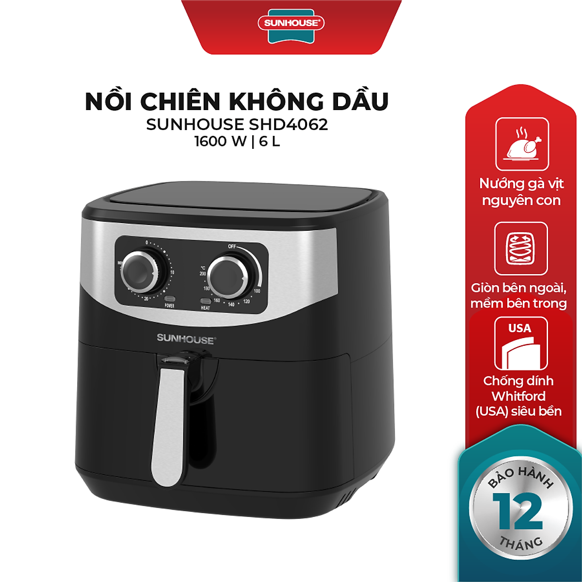 Nồi chiên không dầu 6l sunhouse shd4062 bảo hành 12 tháng