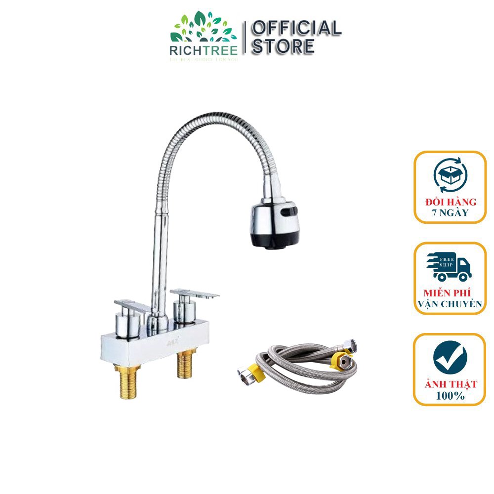 Vòi lavabo nóng lạnh LVB-LOXO gắn chậu rửa mặt loại 2 trụ thân lò xo, đầu vòi tăng áp đa chế độ tiết kiệm nước chất liệu mạ crom sáng bóng - Bảo hành 02 năm + Tặng dây cấp nóng lạnh