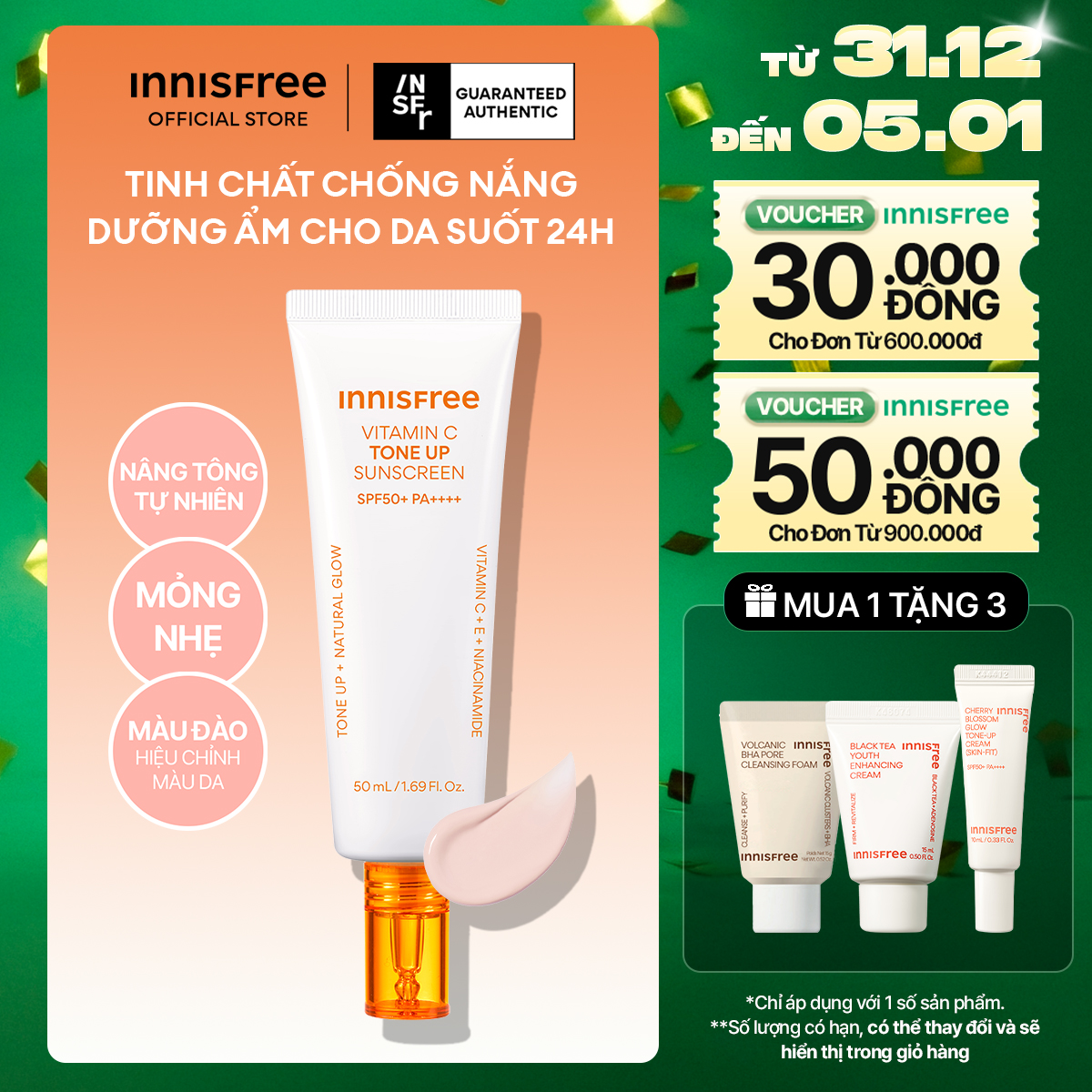  Kem chống nắng nâng tông INNISFREE VITAMIN C TONE UP SUNSCREEN SPF50+ PA++++ 