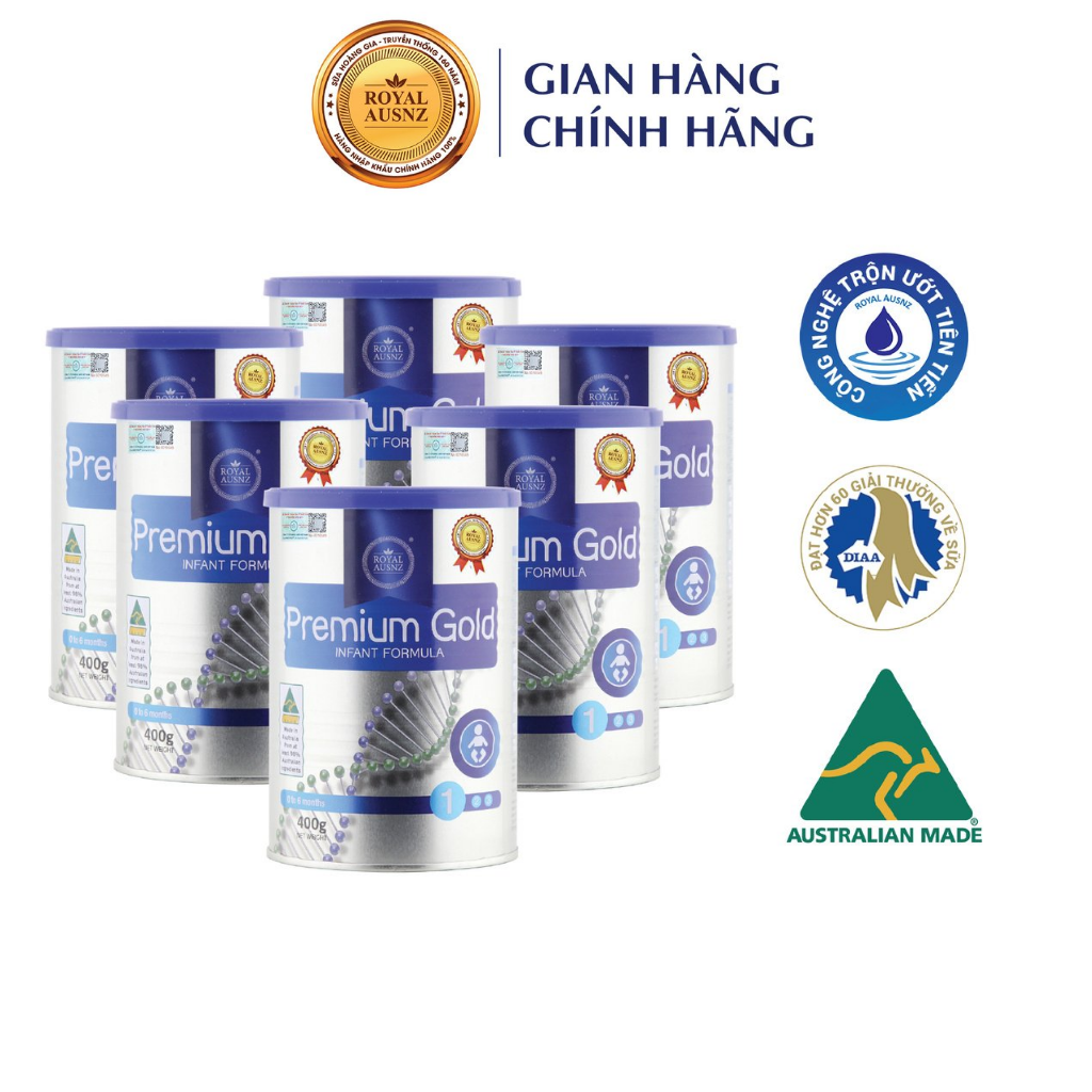 Sữa Bột Combo 6 Hộp Sữa Bột Cho Trẻ 0-6 Tháng Hoàng Gia Úc Premium Gold Số 1 Bổ Sung Vitamin, Khoáng Chất Cho Trẻ ROYAL AUSNZ (400g-900g)