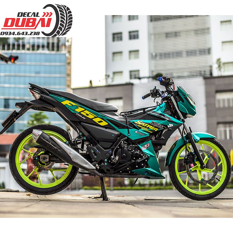 Tem xe Satria F150 xanh ngọc bích - Decal 3 lớp không bay màu