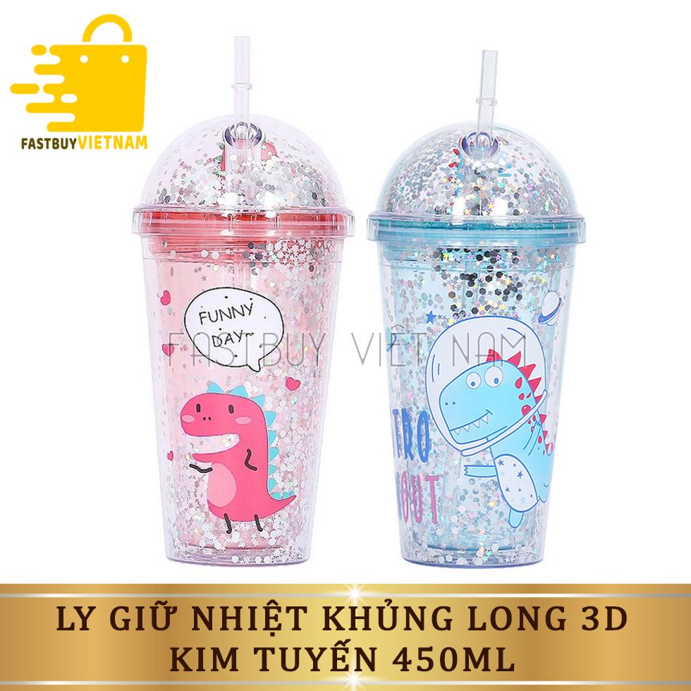 Ly Giữ Nhiệt Khủng Long 3D Kim Tuyến Nhiều Màu Sắc, Cốc Uống Nước Khủng long 3D 450ML Kèm Ống Hút Siêu Cute Dễ Thương