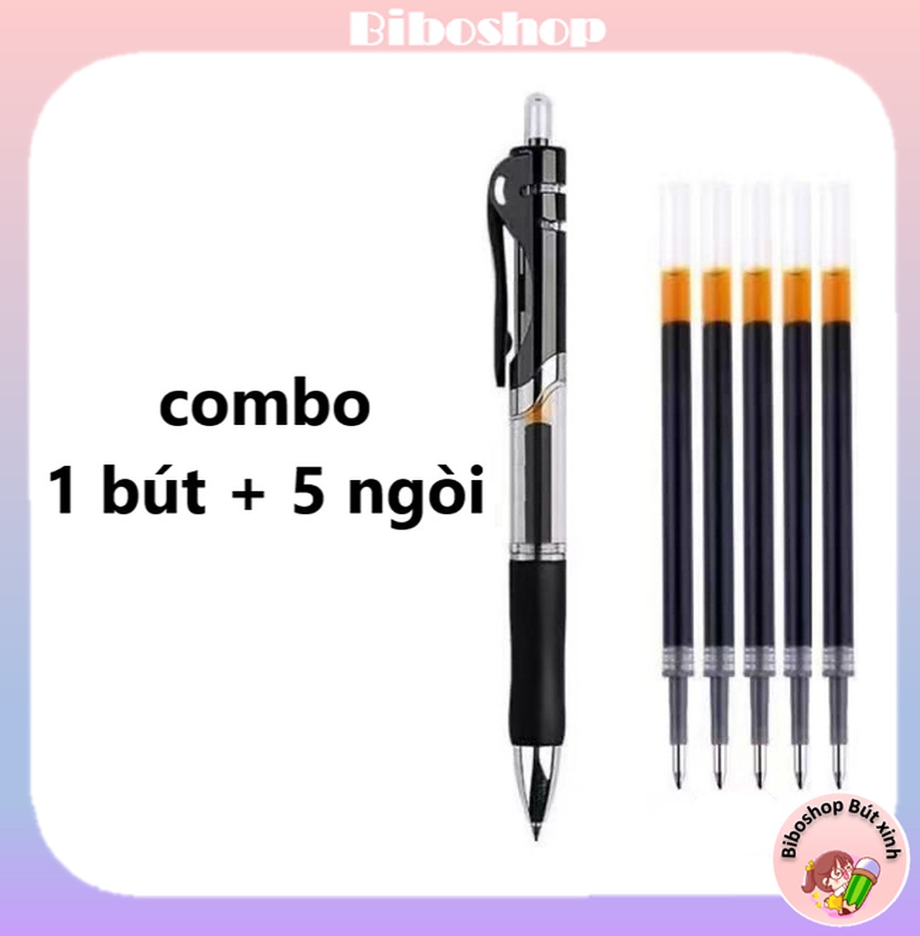 Combo 1 bút gel bấm k35 ngòi 0.5mm + 5 ngòi mực thay thế - biboshop