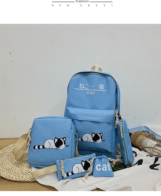 { GIÁ SIÊU SỈ} COMBO Bộ 5 Balô Gồm Balô, Túi Ipad, Ví, Túi Rút,Hộp Bút Họa tiết MÈO NẰM