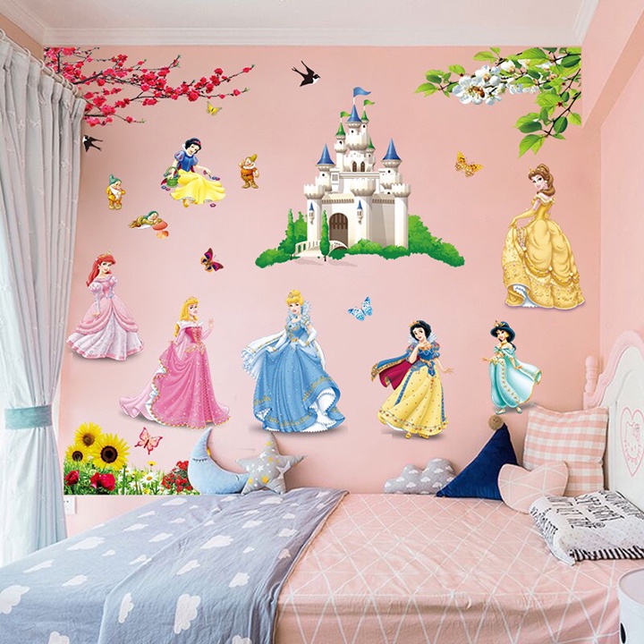 Decal dán tường 7 nàng công chúa tranh dán tường 3D hình 7 công chúa siêu dễ thương cho các bé gái