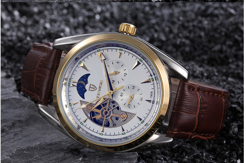 Đồng hồ cơ nam Tevise 795A dây da chạy full kim (Mặt trắng viền vàng dây đen)