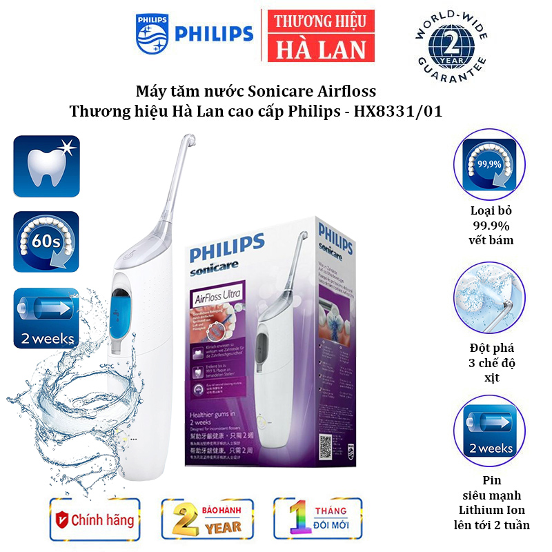 Máy tăm nước thương hiệu hà lan philips sonicare airfloss hx8331/01, 3 chế độ phun, đèn led hiển thị dung lương pin - hàng chính hãng, bảo hành 2 năm