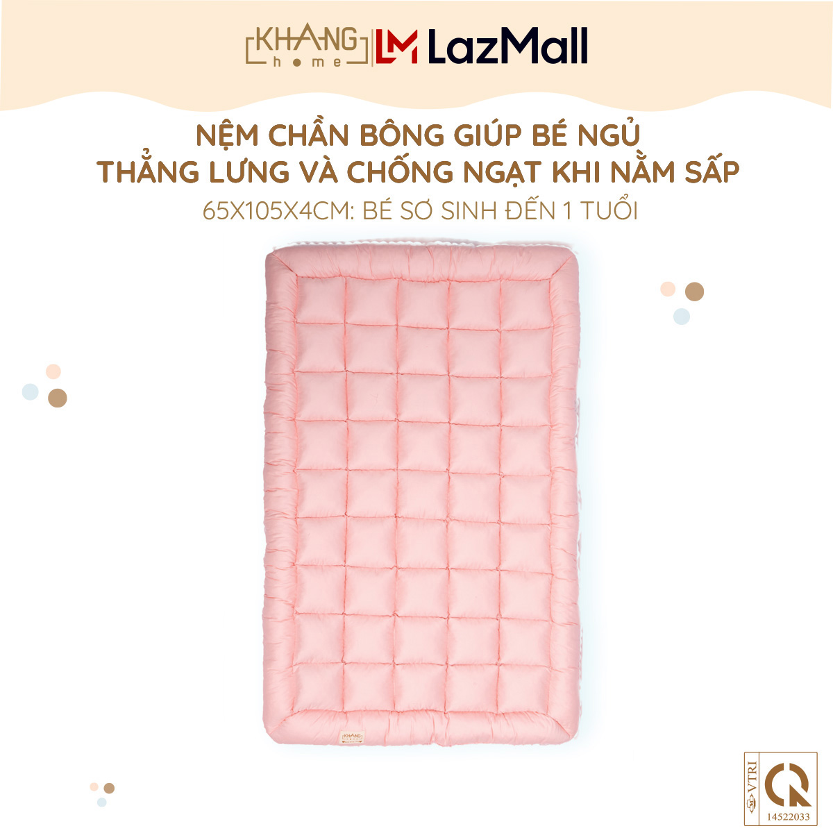 Nệm Trẻ Em Chần Bông Khang Home BabySafety An Toàn Giấc Ngủ Cho Bé Sơ Sinh Size 65x105cm