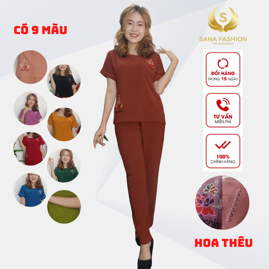 Đồ bộ trung niên mặc nhà cho mẹ sang trọng chất đũi sang trọng thêu hoa CB.01