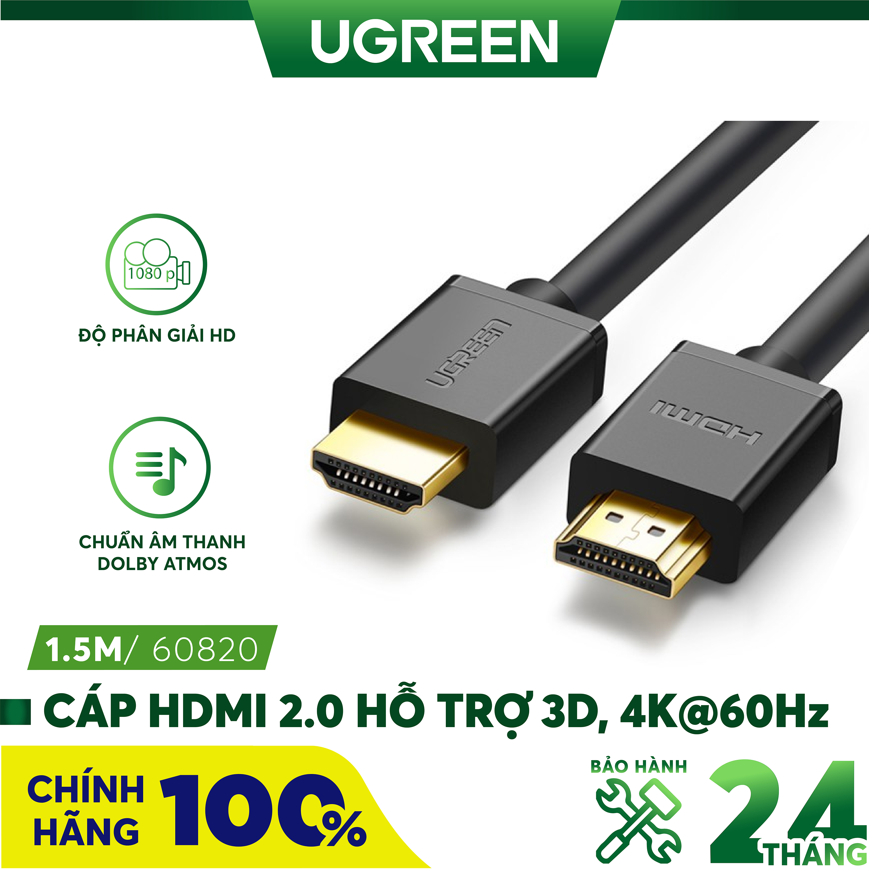 Cáp hdmi 2.0 dài 1,5m cao cấp hỗ trợ ethernet + 4k2k ugreen 60820 chính hãng