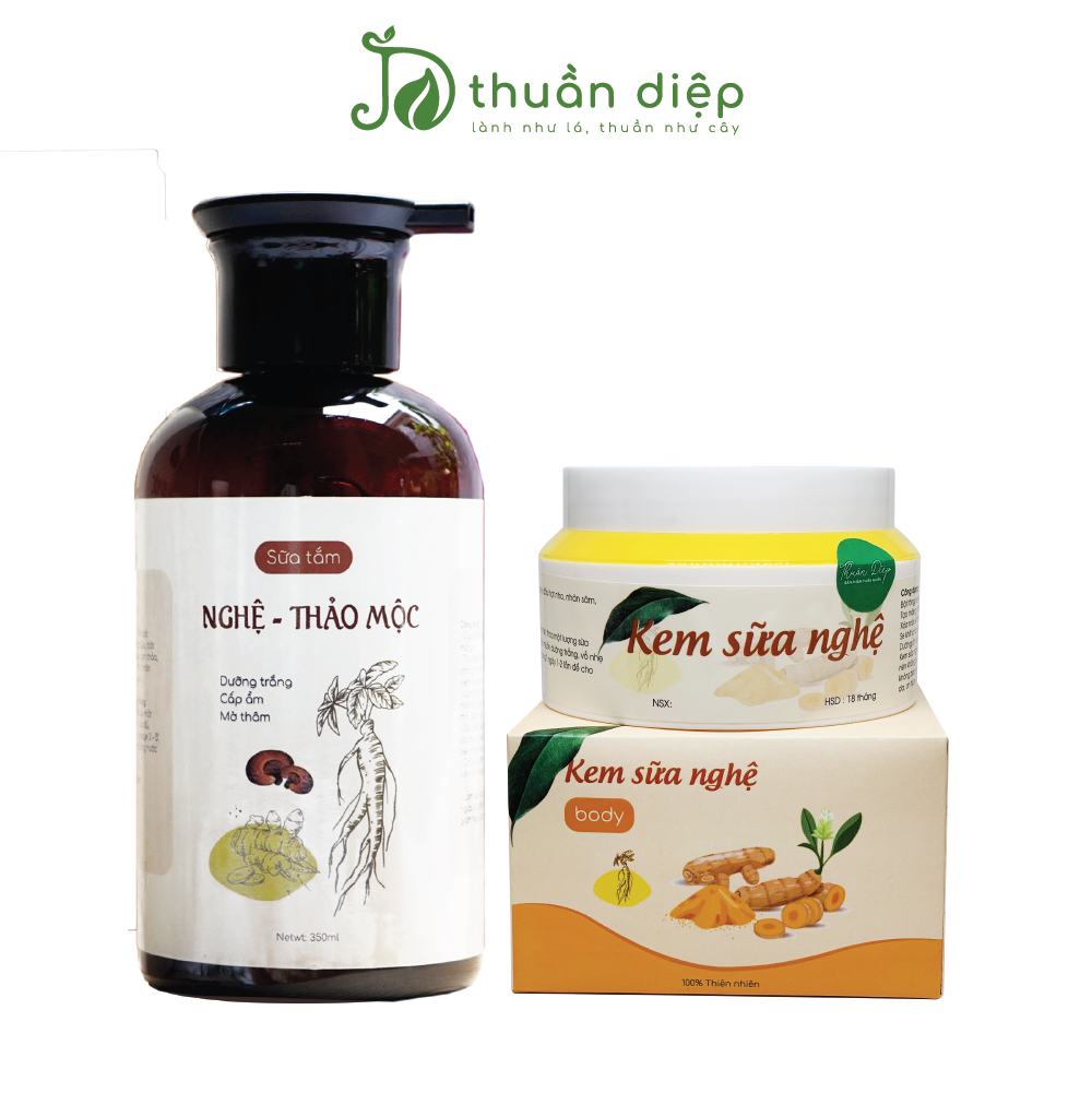 Combo sữa tắm nghệ + kem sữa nghệ giúp trắng da, dưỡng ẩm cơ thể handmade