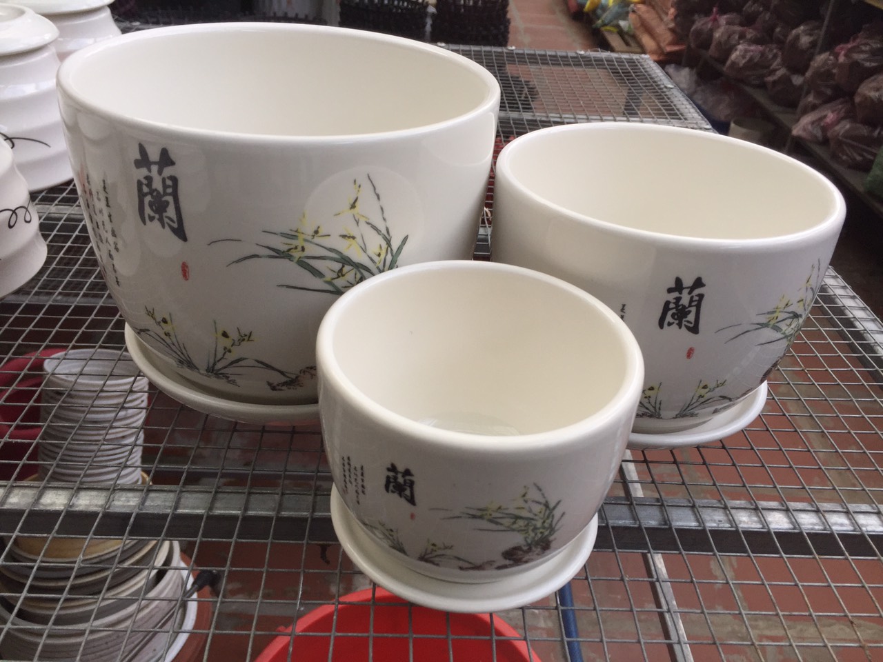 Bộ 3 chậu sứ tráng men cao cấp gắn dĩa trồng cây để bàn-mẫu 3