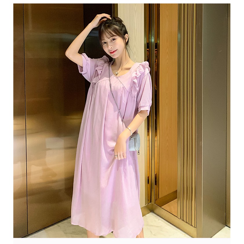Váy đầm bầu thiết kế dự tiệc công sở mùa hè bèo vai tím chất đũi mềm mát