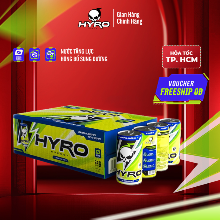 Thùng 24 lon nước tăng lực Hyro vị ngọt tự nhiên không đường