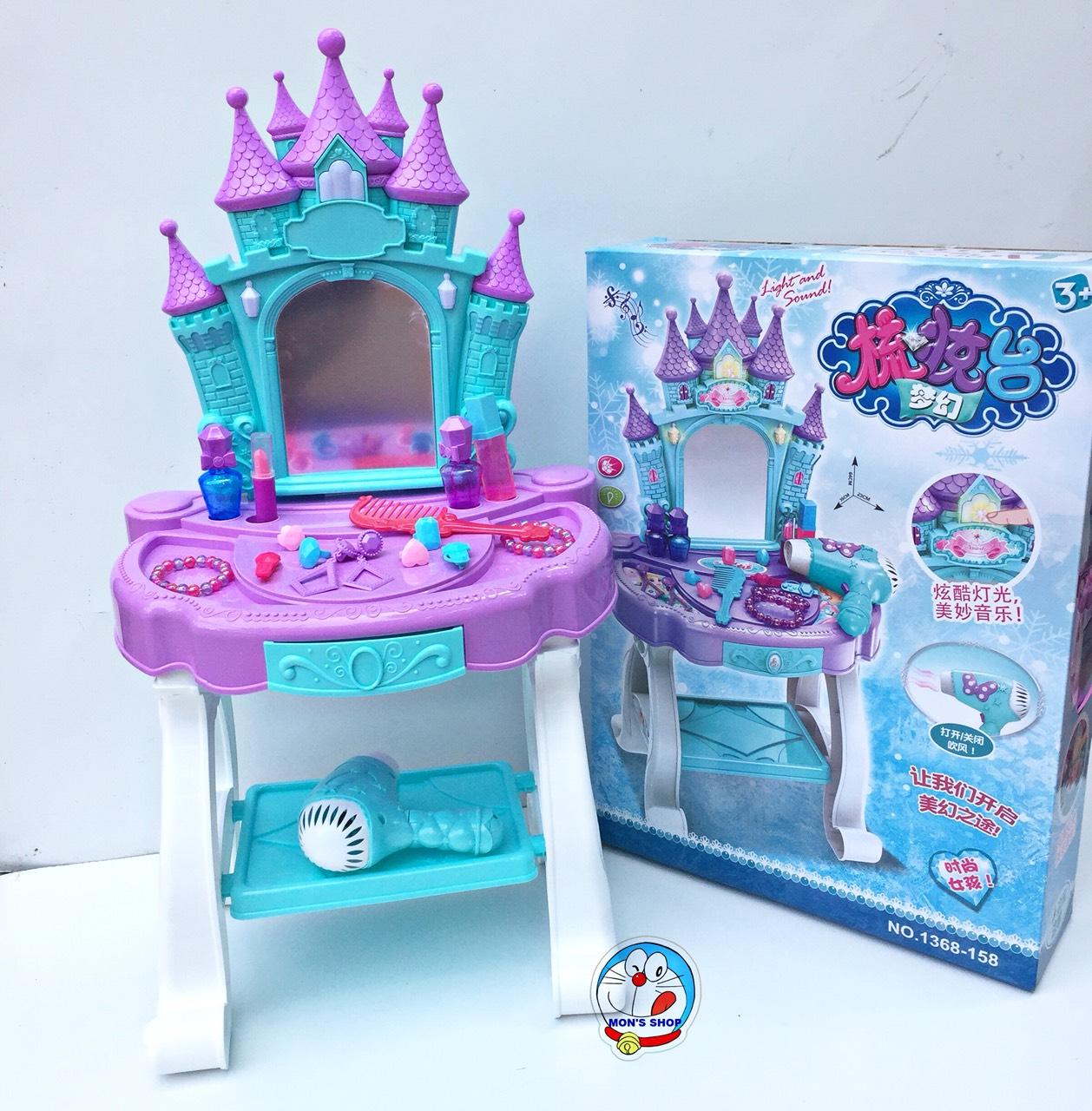 Đồ chơi bàn trang điểm Elsa màu xanh, dùng pin, có âm thanh và ánh sáng