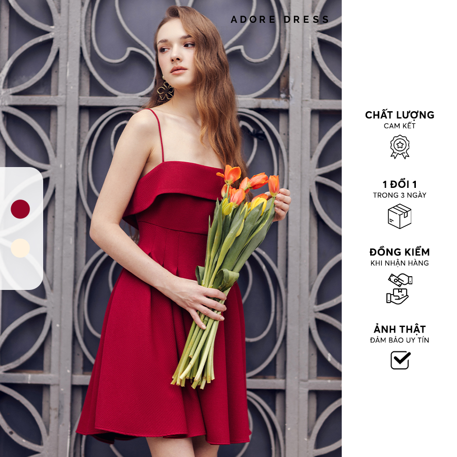 Đầm 2 dây mini ren hoa kem và đỏ xòe tùng 411dr7011 adore dress