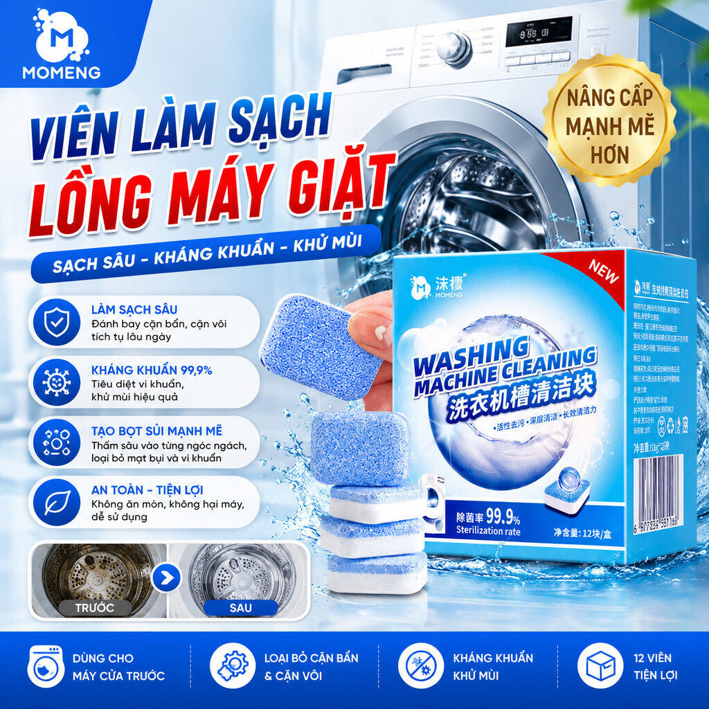 Momeng Washing Machine Drum Cleaning Tablets (12 Pcs/Box) / Strong Descaling and Antibacterial Tablets / Front-Load Washing Machine Cleaner / Anti-Dust and Antibacterial Cleaning Tablets Giá 229,471 Đồng*Miễn phí vận chuyển