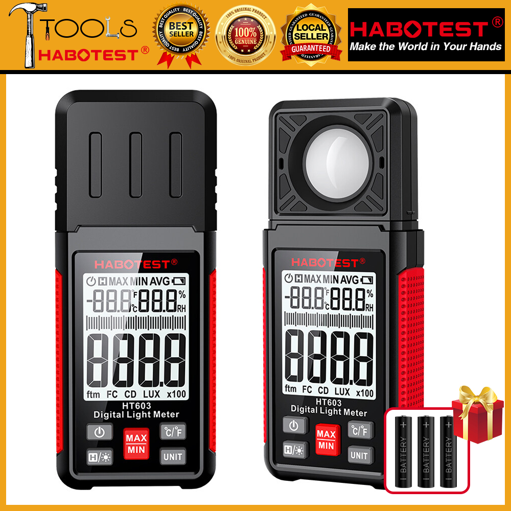 Habotest máy đo lux kỹ thuật số ht603 máy đo ánh sáng máy đo độ sáng kỹ thuật số 200,000 lux với màn hình lcd đèn nền máy đo nhiệt độ và độ ẩm môi trường xung quanh