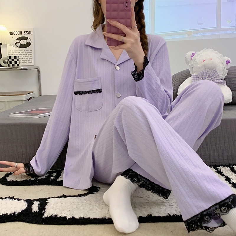 Người nổi tiếng trên mạng mùa thu và đông bộ đồ ngủ dài tay của phụ nữ áo len bông jacquard ren phục vụ tại nhà thường phát sóng trực tiếp