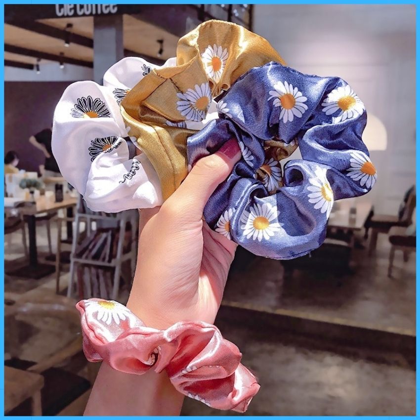 Dây cột tóc srunchies hoa cúc vải satin lụa mềm mại thun co giãn siêu bền phụ kiện tóc hàn quốc xinh lung linh