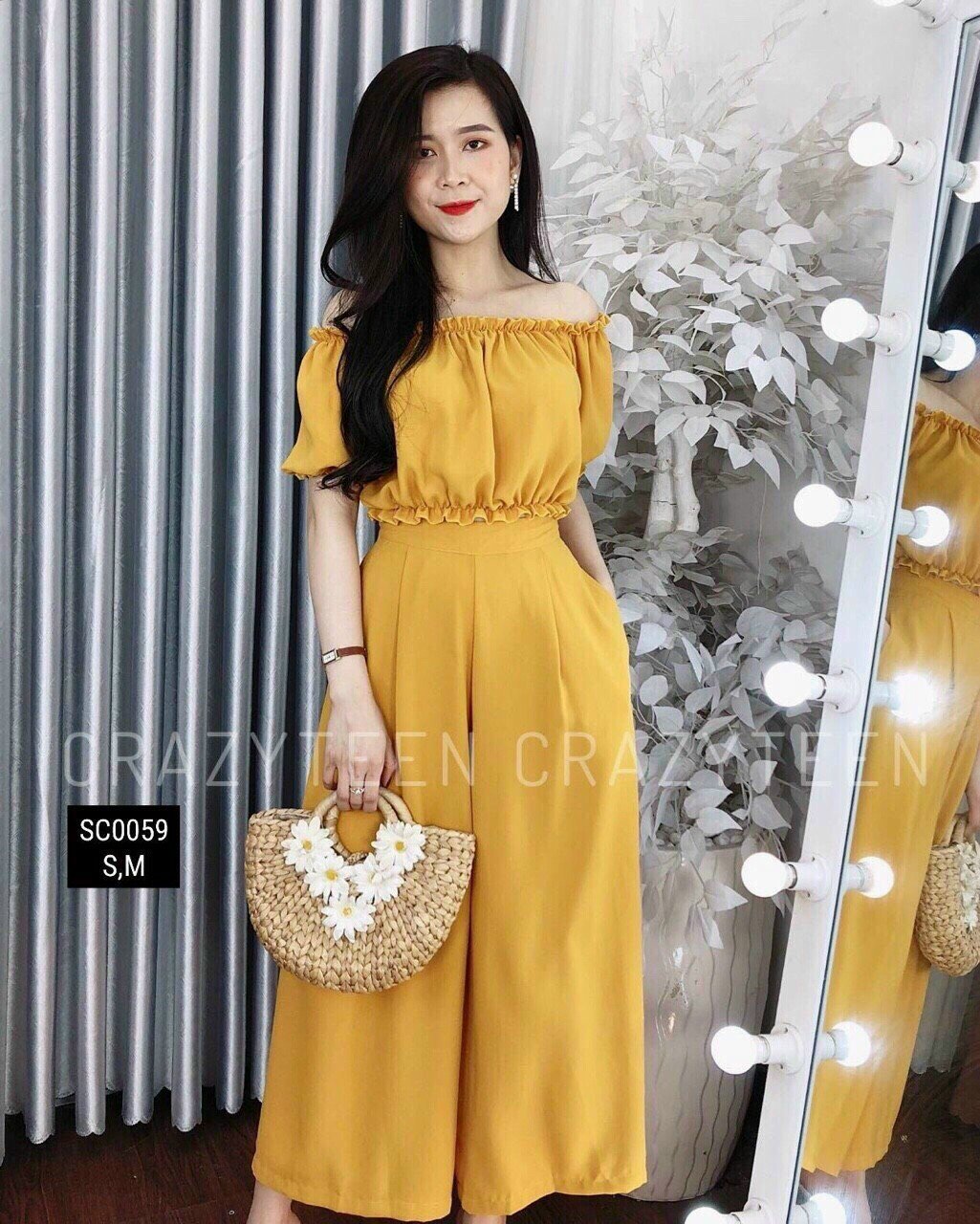 Set bộ nu áo nhún bèo bẹt vai kèm quần ống rộng